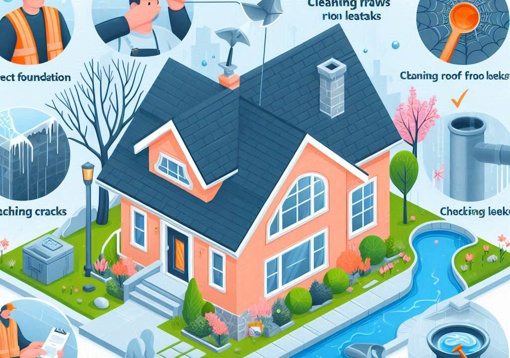 Spring thaw home protection tips, including inspecting foundation, patching cracks, cleaning drains, checking roof leaks, maintaining home systems, and reviewing insurance coverage.