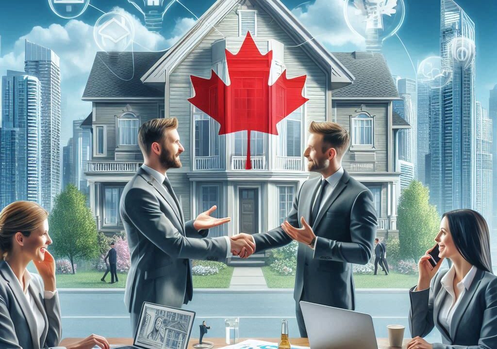 real estate agent and broker in Canada, showcasing their distinct roles and responsibilities in a professional setting, with agents interacting with clients and brokers managing transactions and teams.