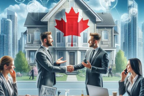 real estate agent and broker in Canada, showcasing their distinct roles and responsibilities in a professional setting, with agents interacting with clients and brokers managing transactions and teams.
