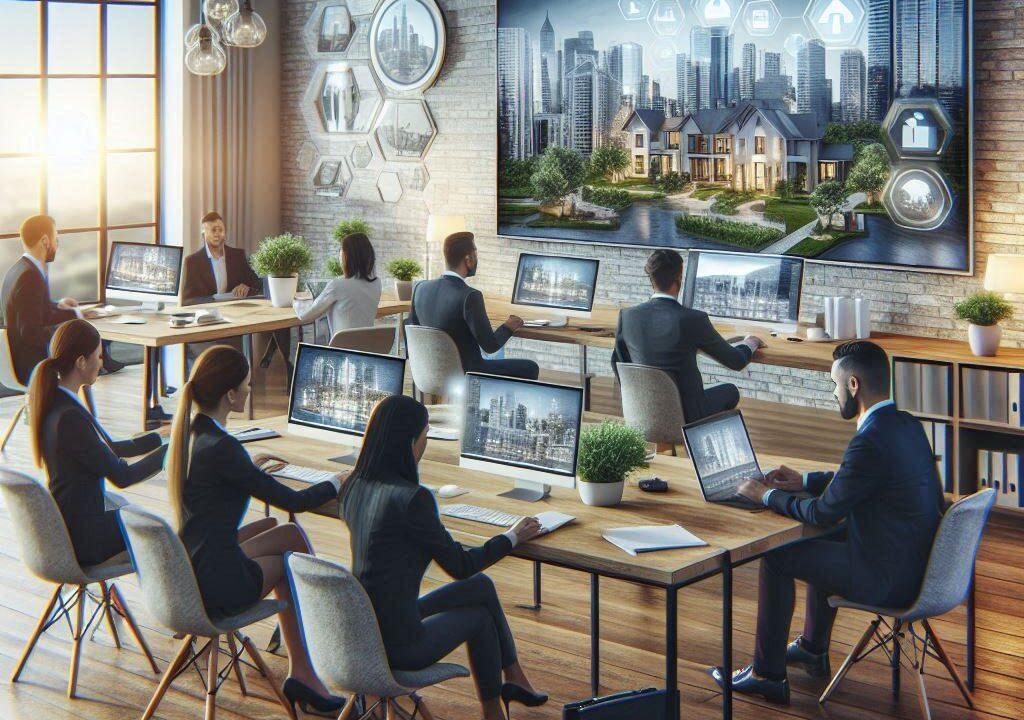 real estate brokerage in Canada, showcasing a modern office environment with agents collaborating, luxurious properties, and advanced technology tools.