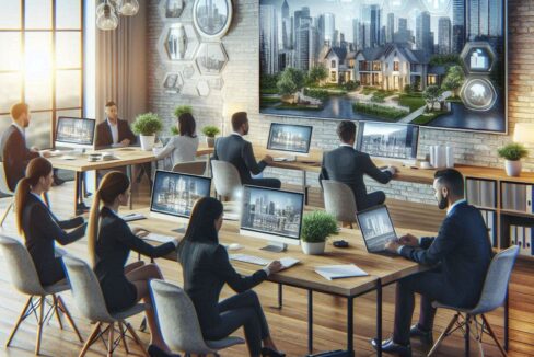 real estate brokerage in Canada, showcasing a modern office environment with agents collaborating, luxurious properties, and advanced technology tools.